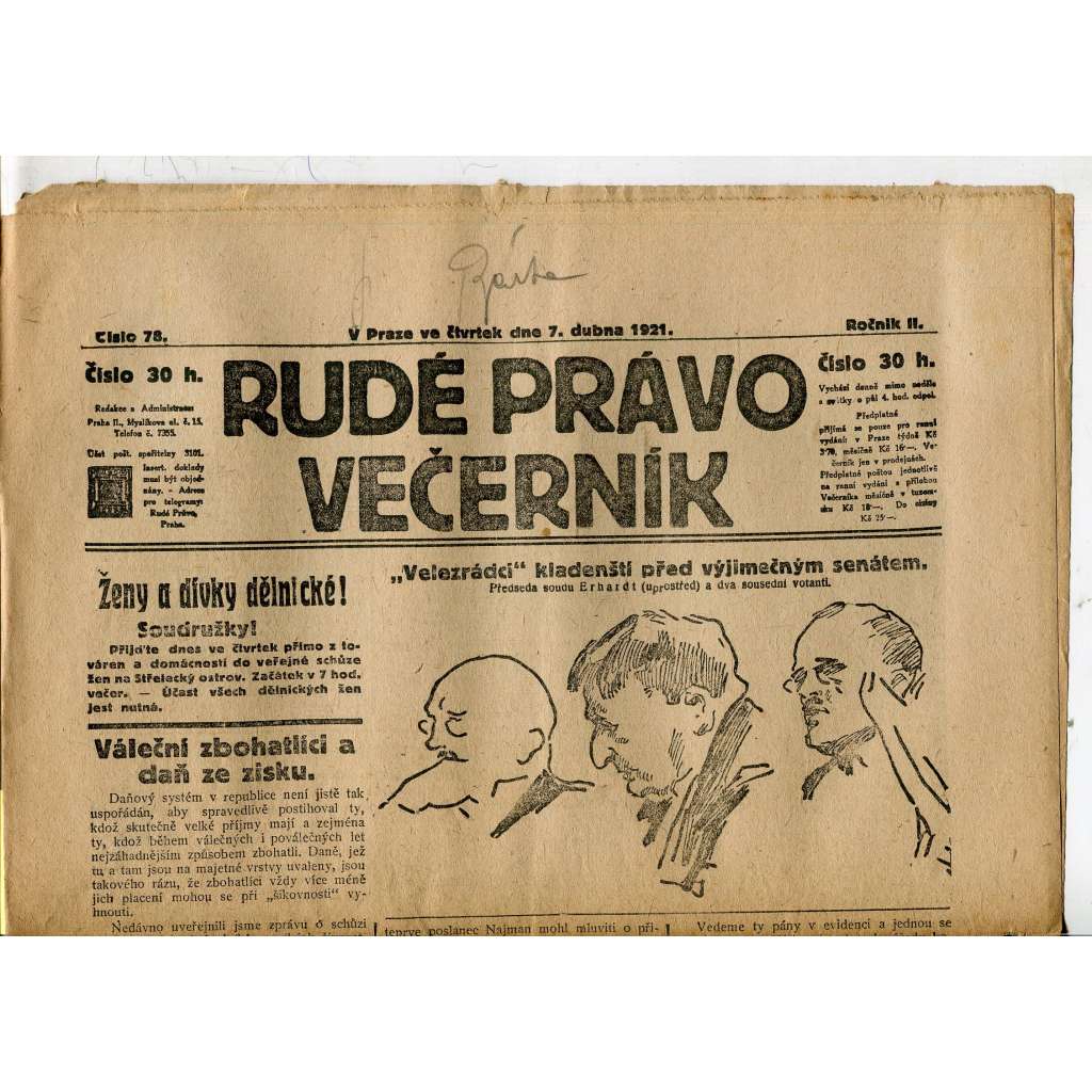 Rudé právo Večerník, ročník II., číslo 78/1921 - staré noviny - [komunisté, komunismus]