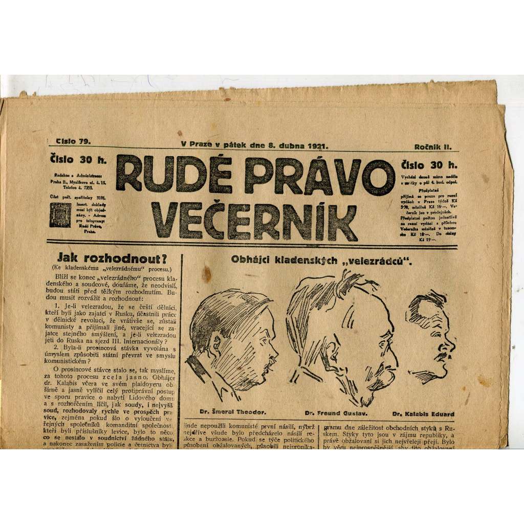 Rudé právo Večerník, ročník II., číslo 79/1921 - staré noviny - [komunisté, komunismus]