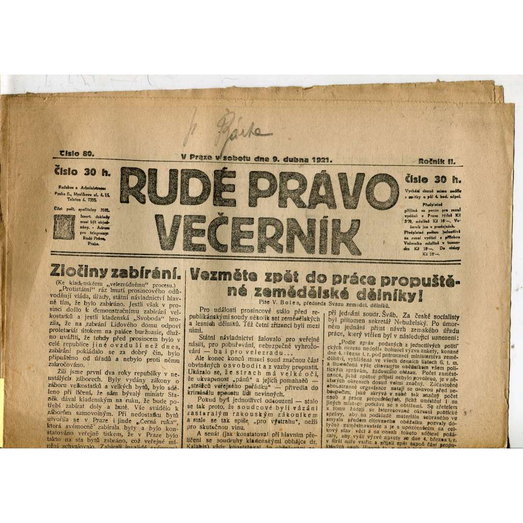 Rudé právo Večerník, ročník II., číslo 80/1921 - staré noviny - [komunisté, komunismus]