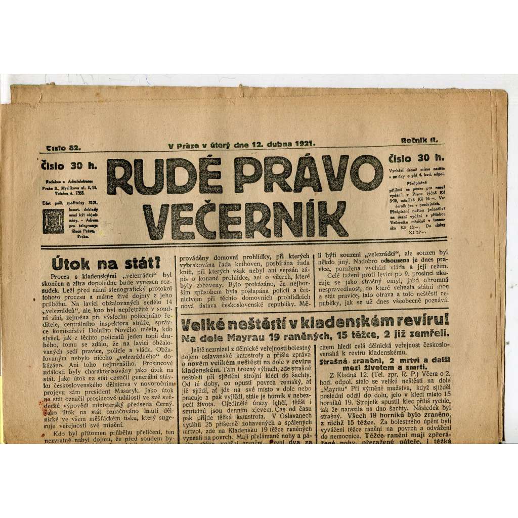 Rudé právo Večerník, ročník II., číslo 82/1921 - staré noviny - [komunisté, komunismus]
