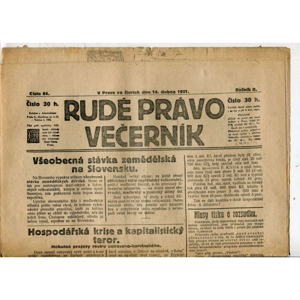 Rudé právo Večerník, ročník II., číslo 84/1921 - staré noviny - [komunisté, komunismus]