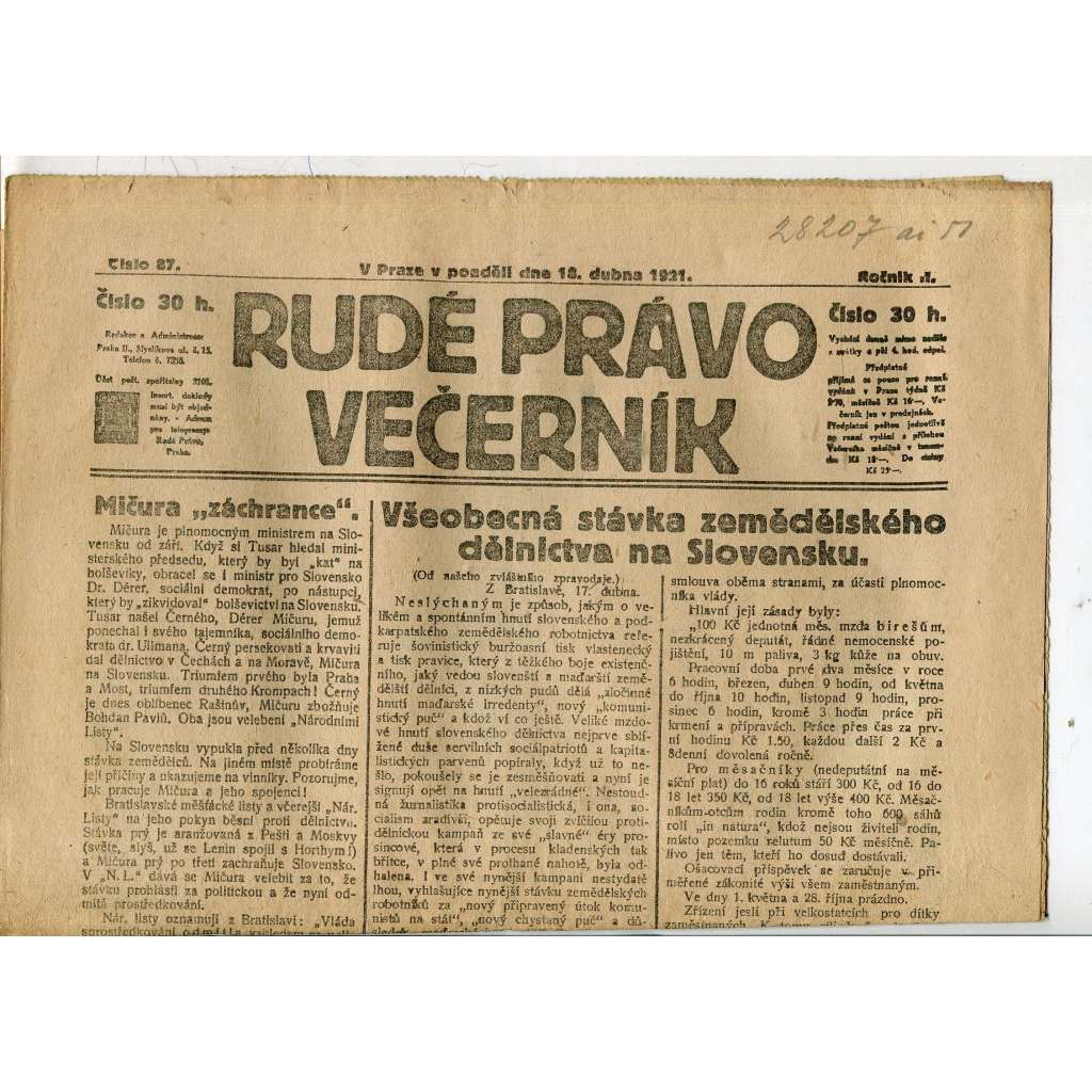 Rudé právo Večerník, ročník II., číslo 87/1921 - staré noviny - [komunisté, komunismus]