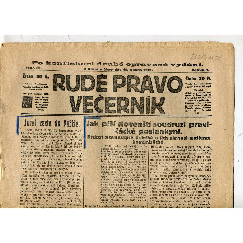 Rudé právo Večerník, ročník II., číslo 88/1921 - staré noviny - [komunisté, komunismus]