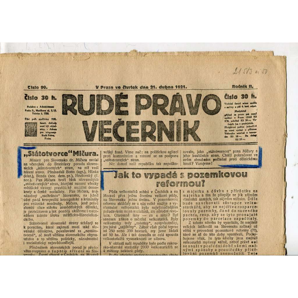 Rudé právo Večerník, ročník II., číslo 90/1921 - staré noviny - [komunisté, komunismus]
