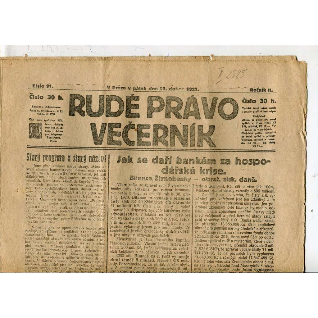 Rudé právo Večerník, ročník II., číslo 91/1921 - staré noviny - [komunisté, komunismus]
