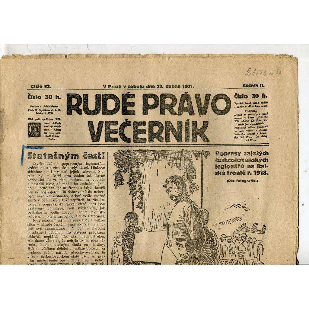 Rudé právo Večerník, ročník II., číslo 92/1921 - staré noviny - [komunisté, komunismus]