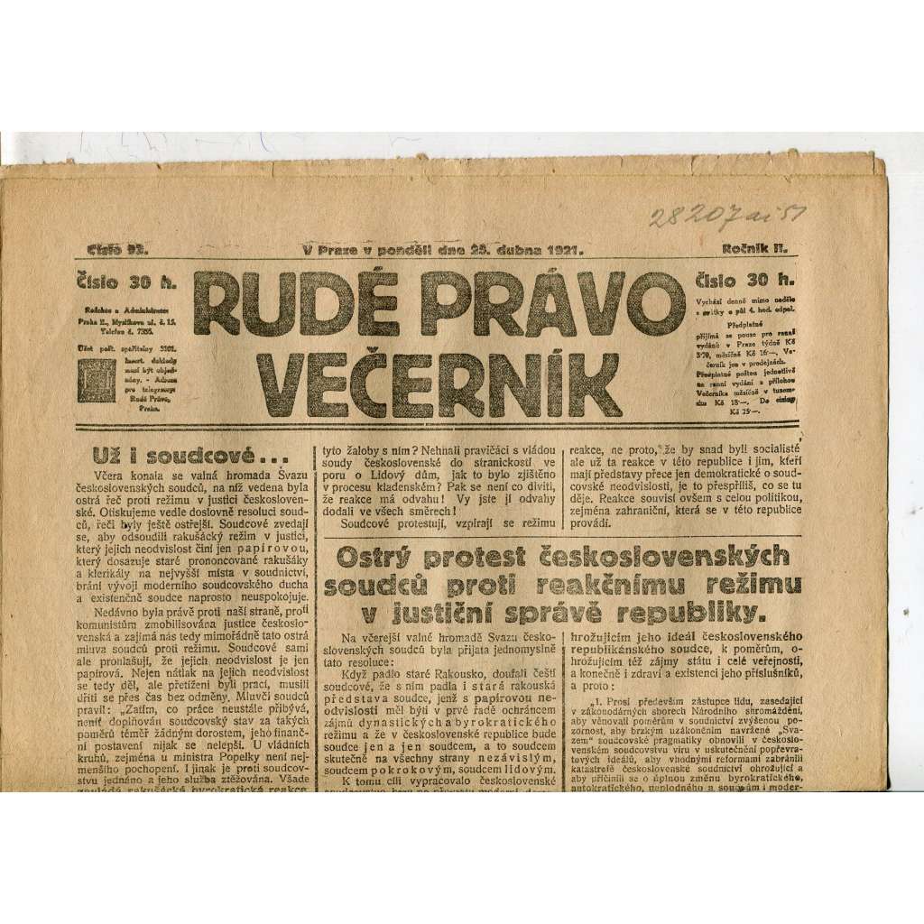 Rudé právo Večerník, ročník II., číslo 93/1921 - staré noviny - [komunisté, komunismus]