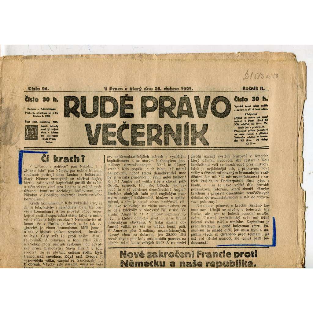 Rudé právo Večerník, ročník II., číslo 94/1921 - staré noviny - [komunisté, komunismus]