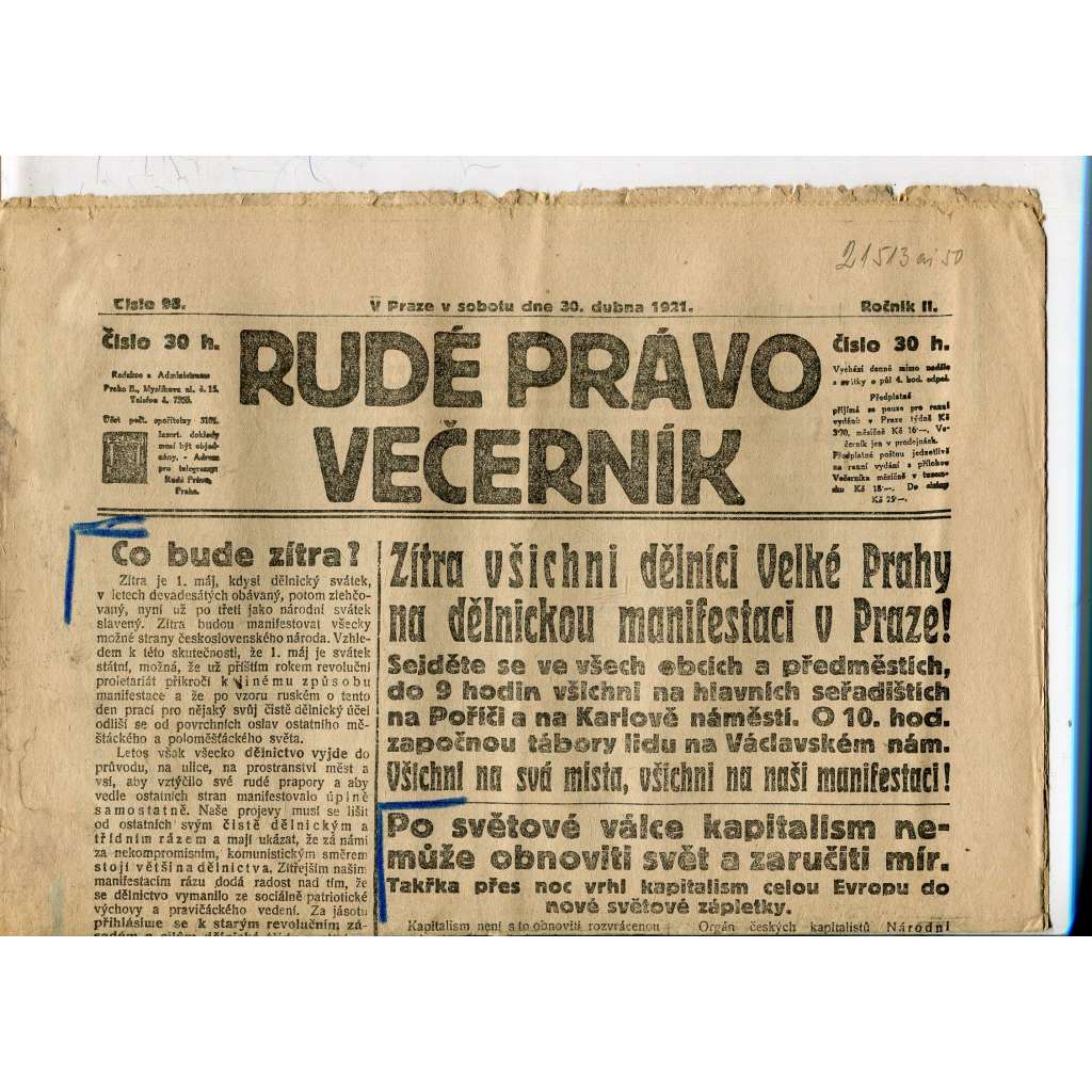 Rudé právo Večerník, ročník II., číslo 98/1921 - staré noviny - [komunisté, komunismus]