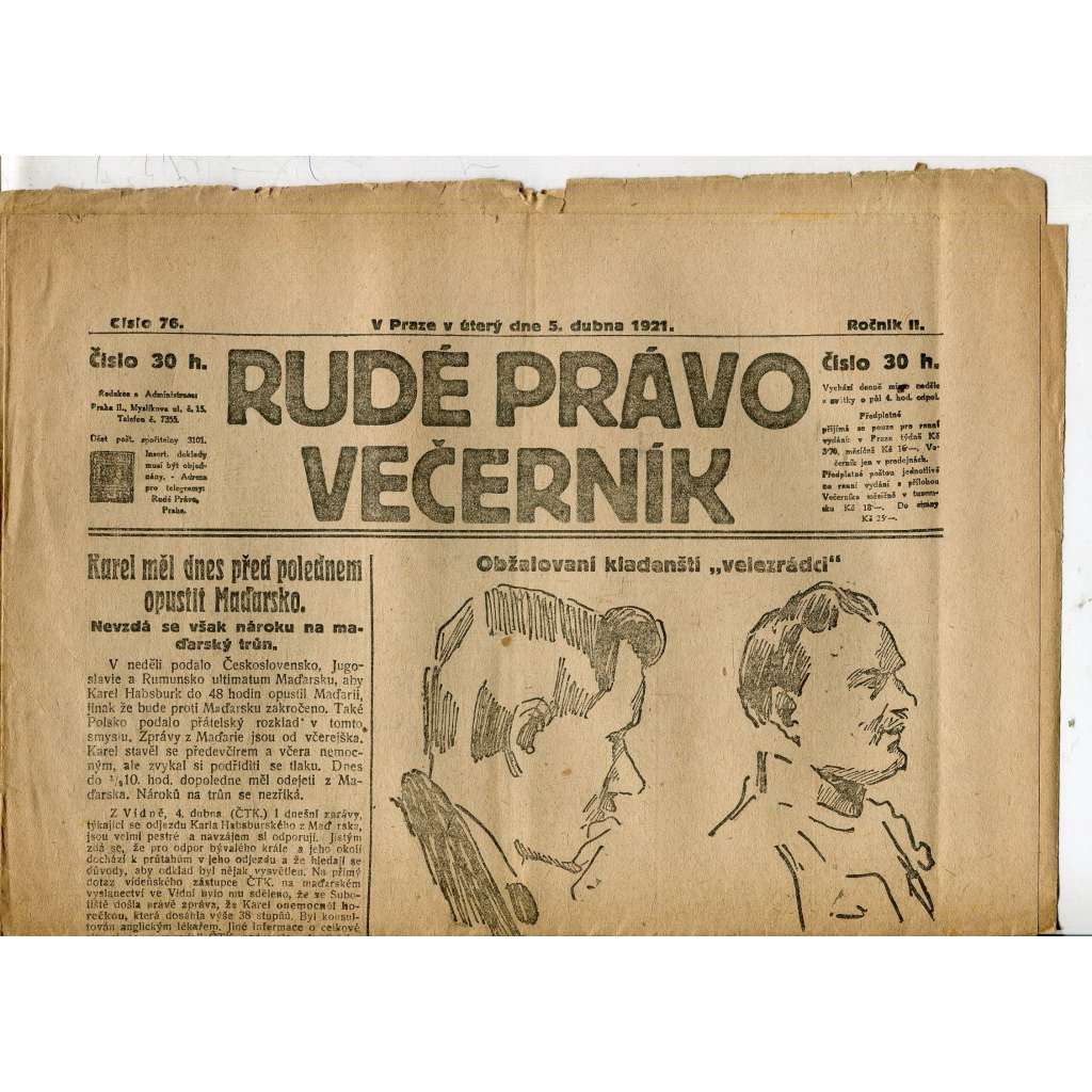 Rudé právo Večerník, ročník II., číslo 76/1921 - staré noviny - [komunisté, komunismus]