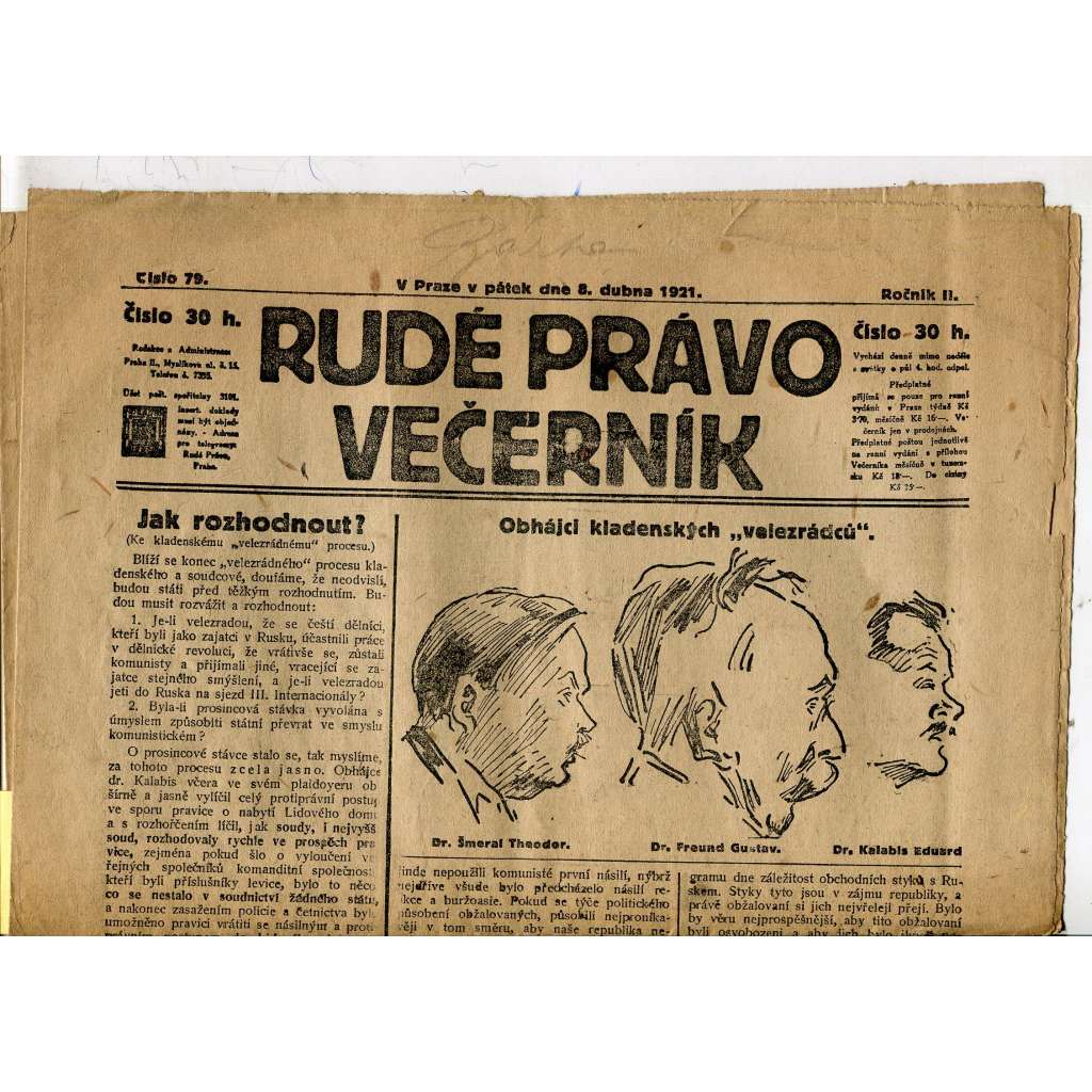 Rudé právo Večerník, ročník II., číslo 79/1921 - staré noviny - [komunisté, komunismus]