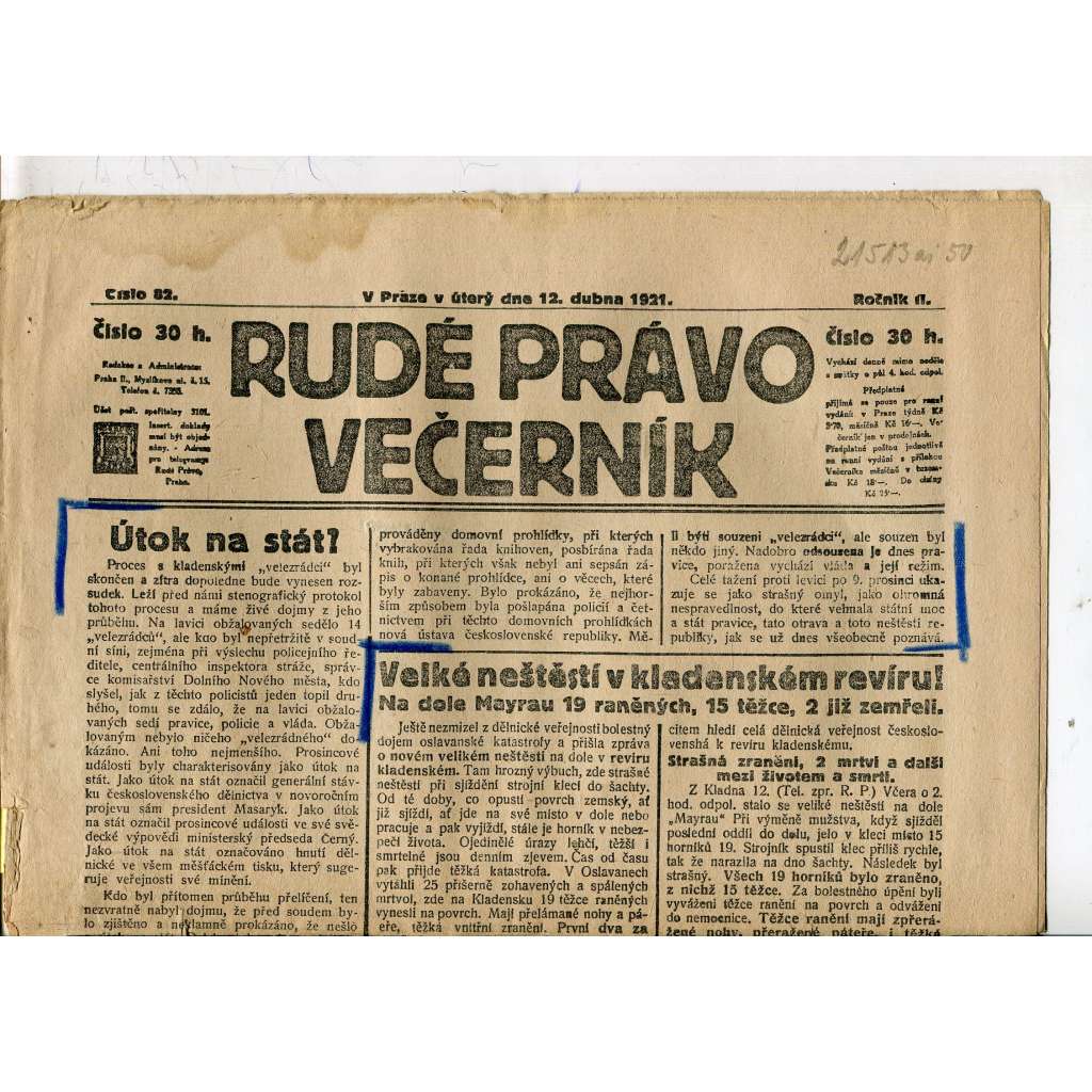 Rudé právo Večerník, ročník II., číslo 82/1921 - staré noviny - [komunisté, komunismus]
