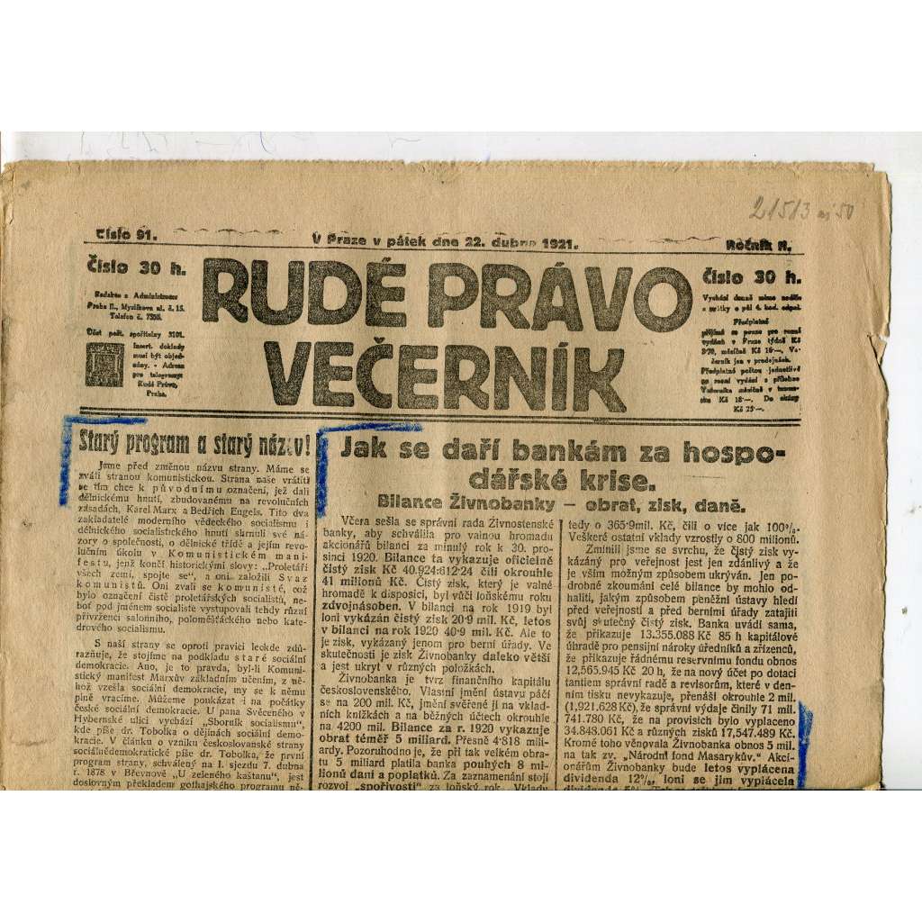 Rudé právo Večerník, ročník II., číslo 91/1921 - staré noviny - [komunisté, komunismus]