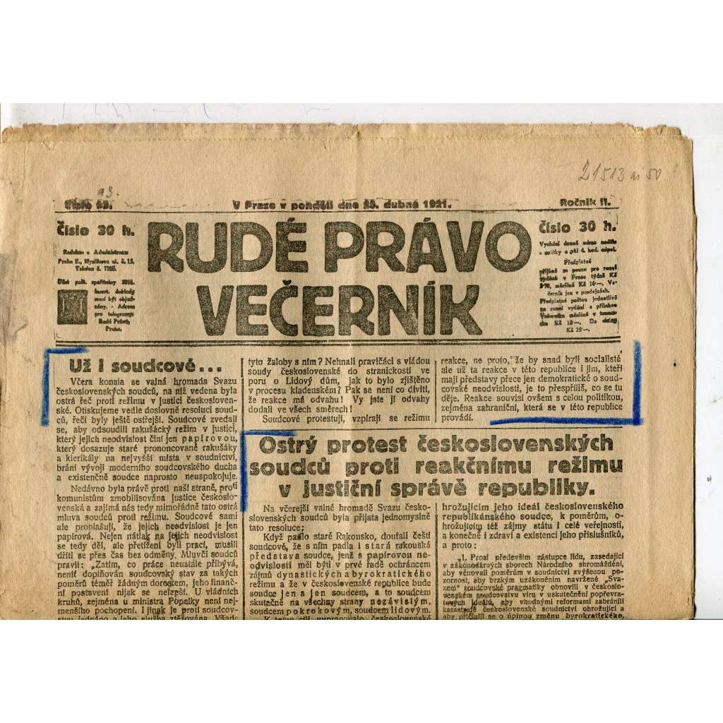 Rudé právo Večerník, ročník II., číslo 93/1921 - staré noviny - [komunisté, komunismus]