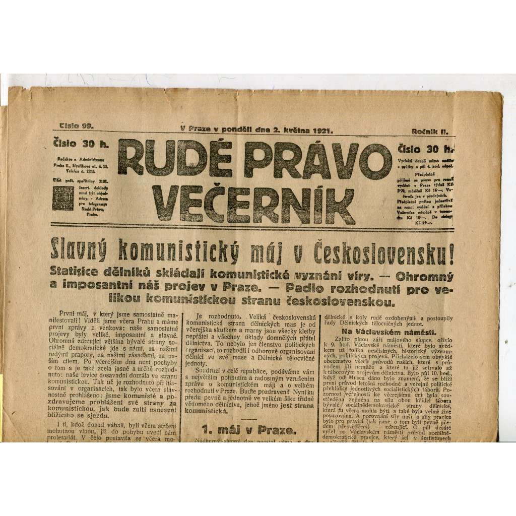 Rudé právo Večerník, ročník II., číslo 99/1921 - staré noviny - [komunisté, komunismus]