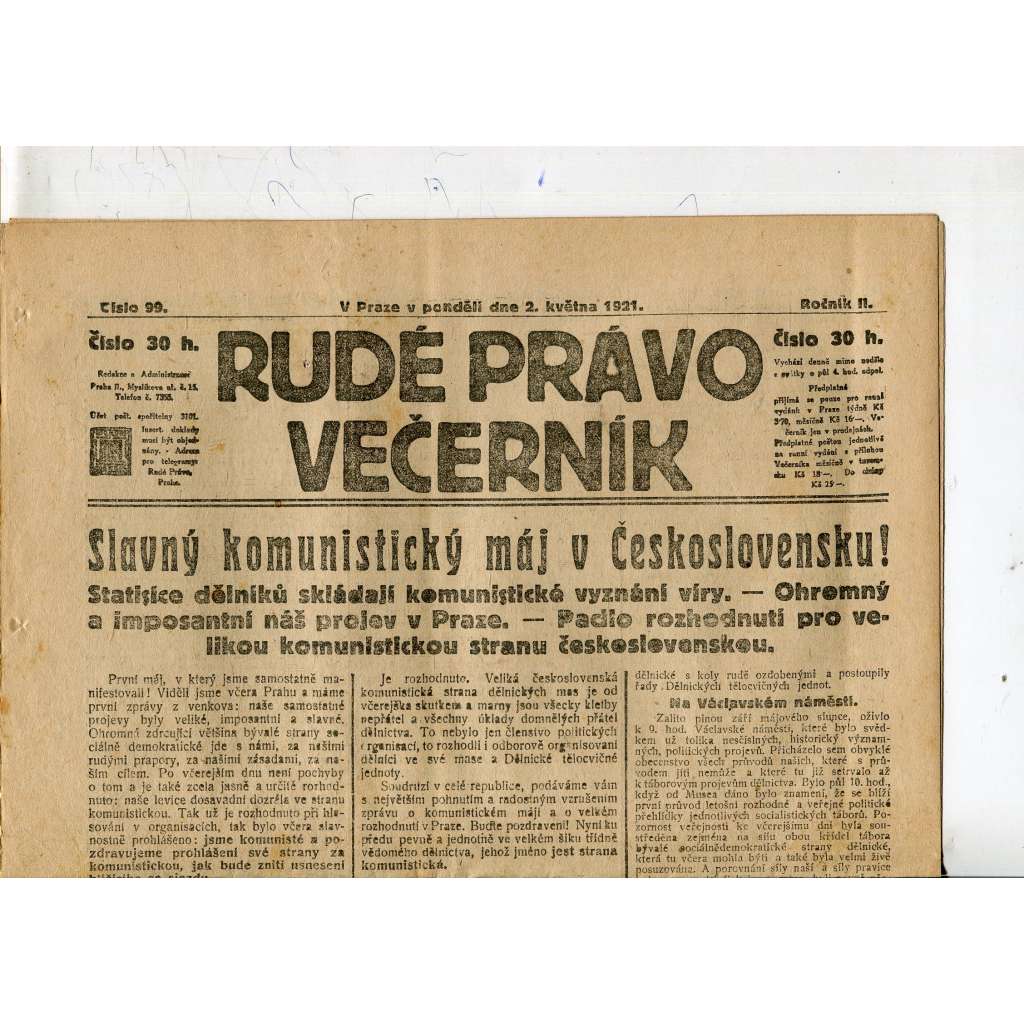 Rudé právo Večerník, ročník II., číslo 99/1921 - staré noviny - [komunisté, komunismus]