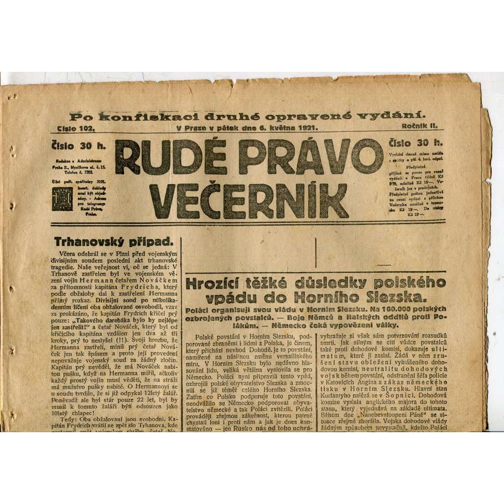 Rudé právo Večerník, ročník II., číslo 102/1921 - staré noviny - [komunisté, komunismus]