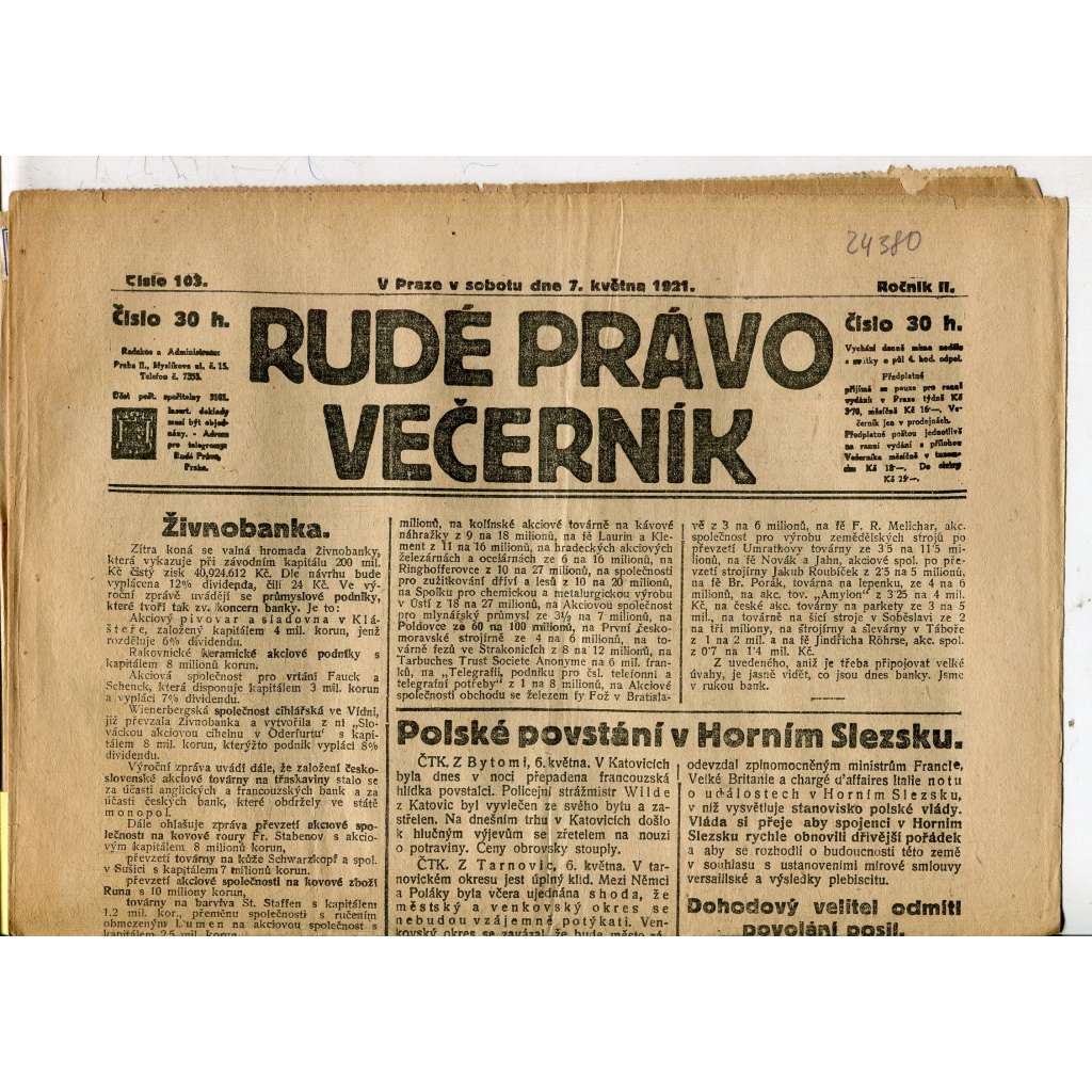 Rudé právo Večerník, ročník II., číslo 103/1921 - staré noviny - [komunisté, komunismus]