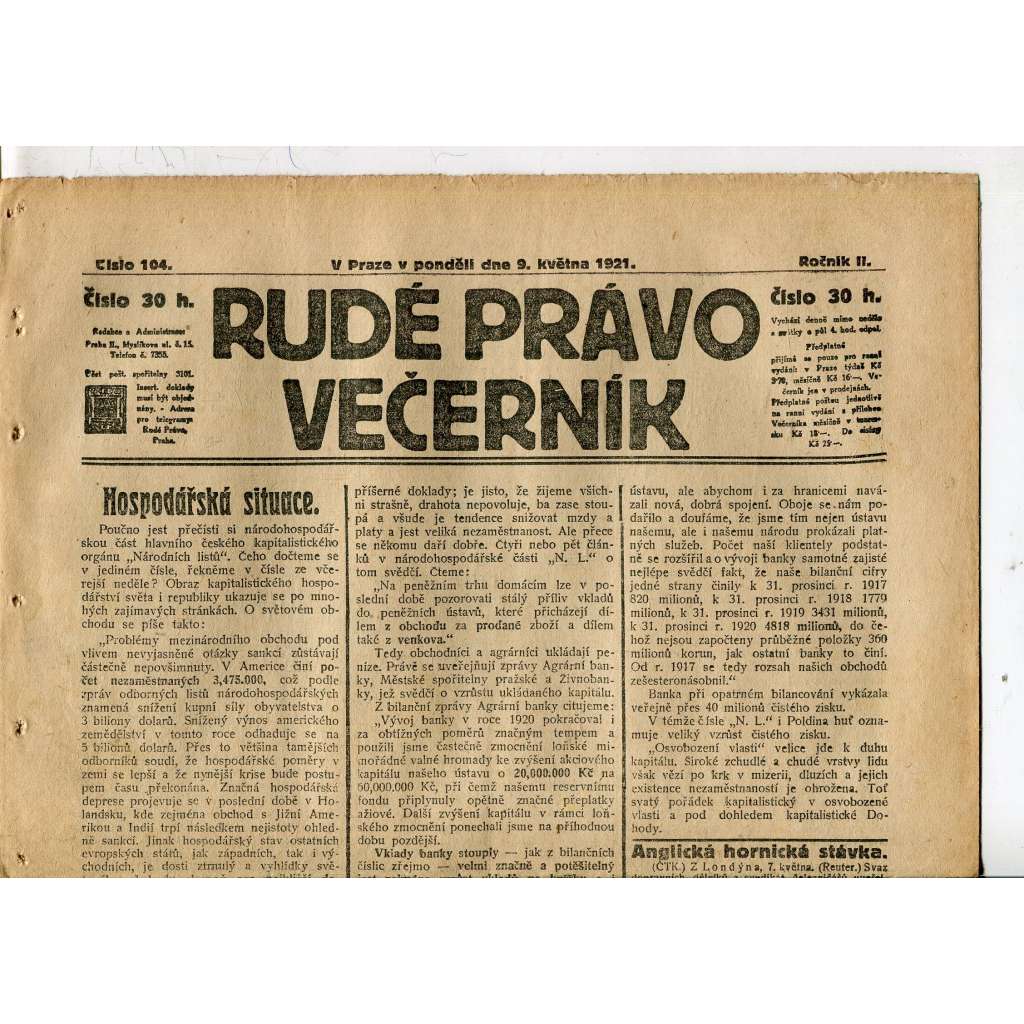 Rudé právo Večerník, ročník II., číslo 104/1921 - staré noviny - [komunisté, komunismus]