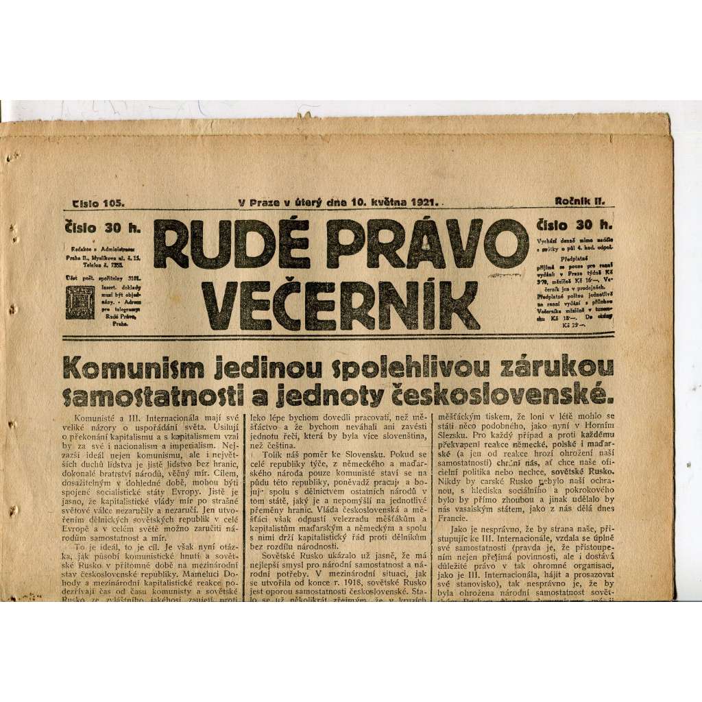 Rudé právo Večerník, ročník II., číslo 105/1921 - staré noviny - [komunisté, komunismus]