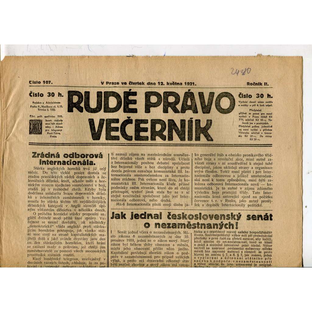Rudé právo Večerník, ročník II., číslo 107/1921 - staré noviny - [komunisté, komunismus]