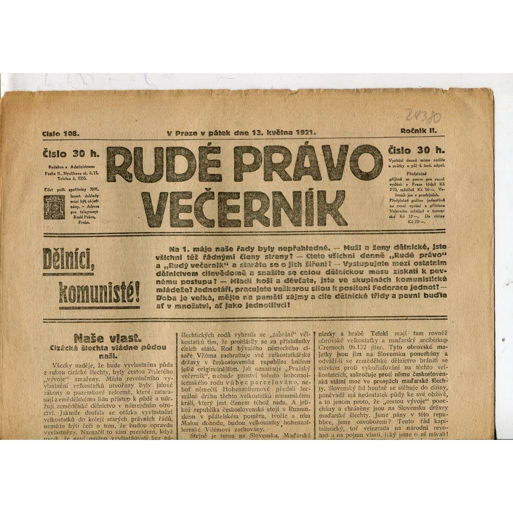 Rudé právo Večerník, ročník II., číslo 108/1921 - staré noviny - [komunisté, komunismus]
