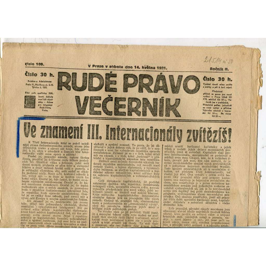 Rudé právo Večerník, ročník II., číslo 109/1921 - staré noviny - [komunisté, komunismus]