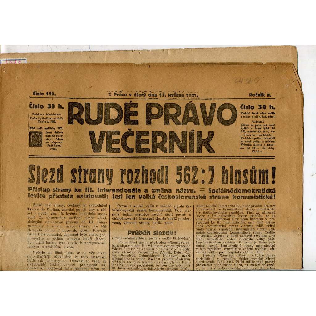 Rudé právo Večerník, ročník II., číslo 110/1921 - staré noviny - [komunisté, komunismus]
