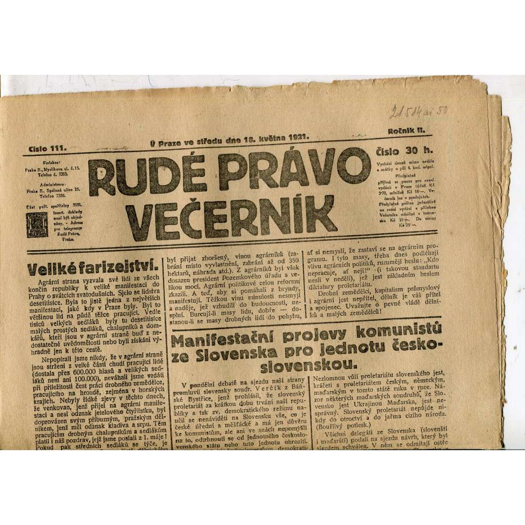 Rudé právo Večerník, ročník II., číslo 111/1921 - staré noviny - [komunisté, komunismus]