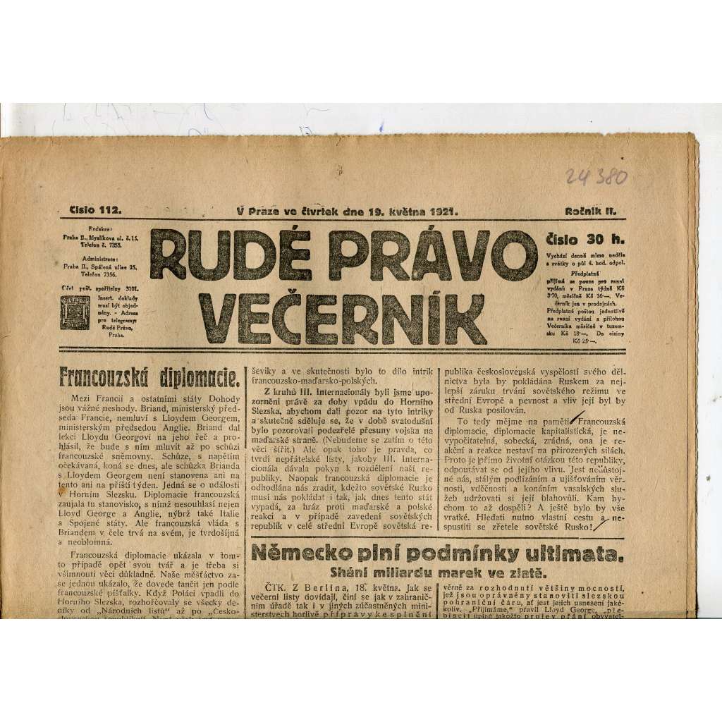 Rudé právo Večerník, ročník II., číslo 112/1921 - staré noviny - [komunisté, komunismus]