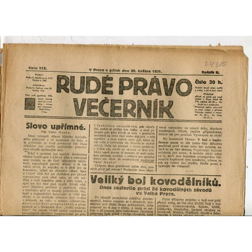 Rudé právo Večerník, ročník II., číslo 113/1921 - staré noviny - [komunisté, komunismus]