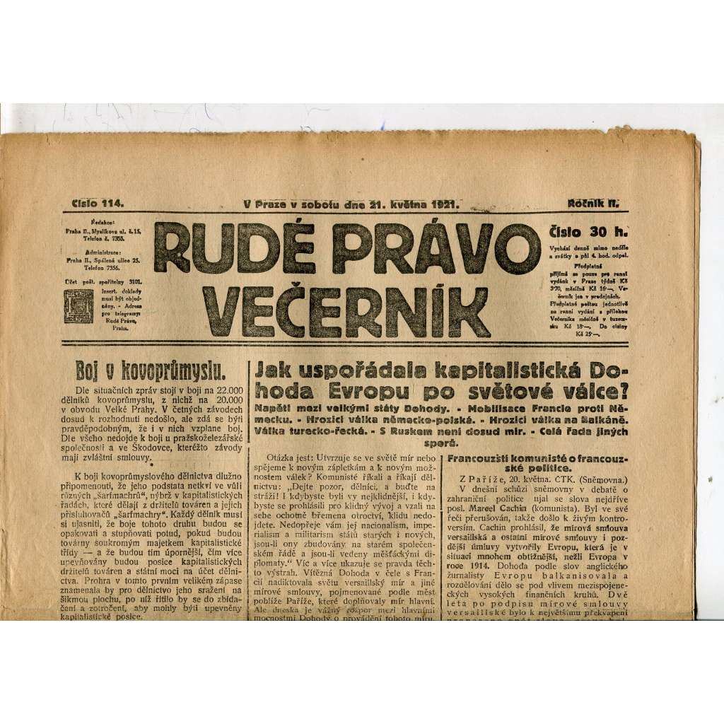 Rudé právo Večerník, ročník II., číslo 114/1921 - staré noviny - [komunisté, komunismus]