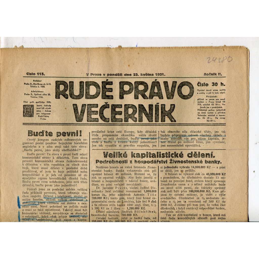 Rudé právo Večerník, ročník II., číslo 115/1921 - staré noviny - [komunisté, komunismus]