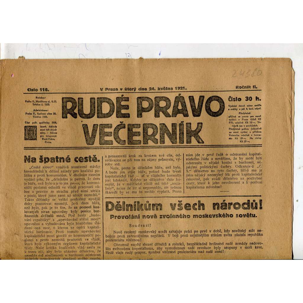 Rudé právo Večerník, ročník II., číslo 116/1921 - staré noviny - [komunisté, komunismus]