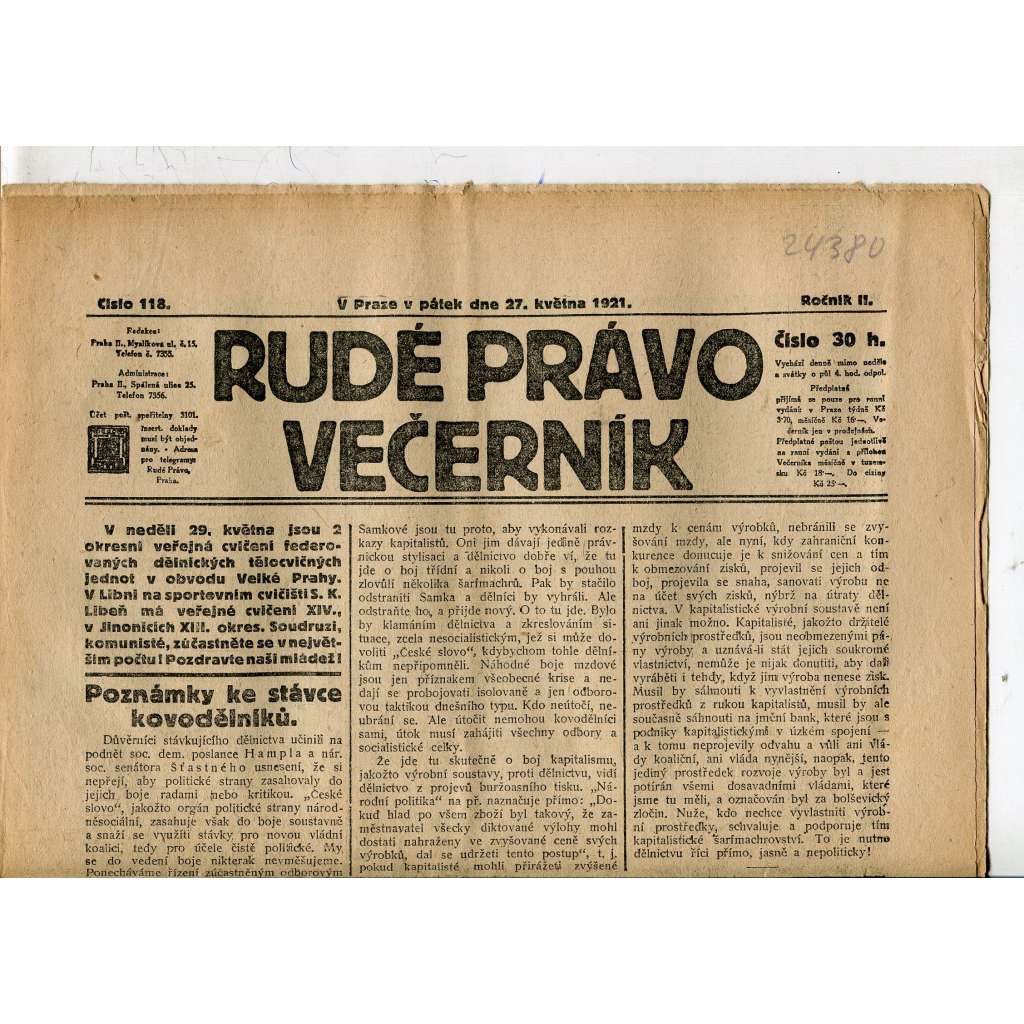 Rudé právo Večerník, ročník II., číslo 118/1921 - staré noviny - [komunisté, komunismus]