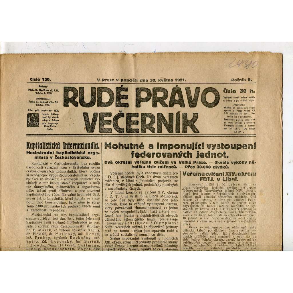 Rudé právo Večerník, ročník II., číslo 120/1921 - staré noviny - [komunisté, komunismus]