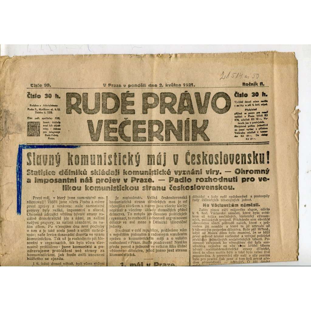 Rudé právo Večerník, ročník II., číslo 99/1921 - staré noviny - [komunisté, komunismus]