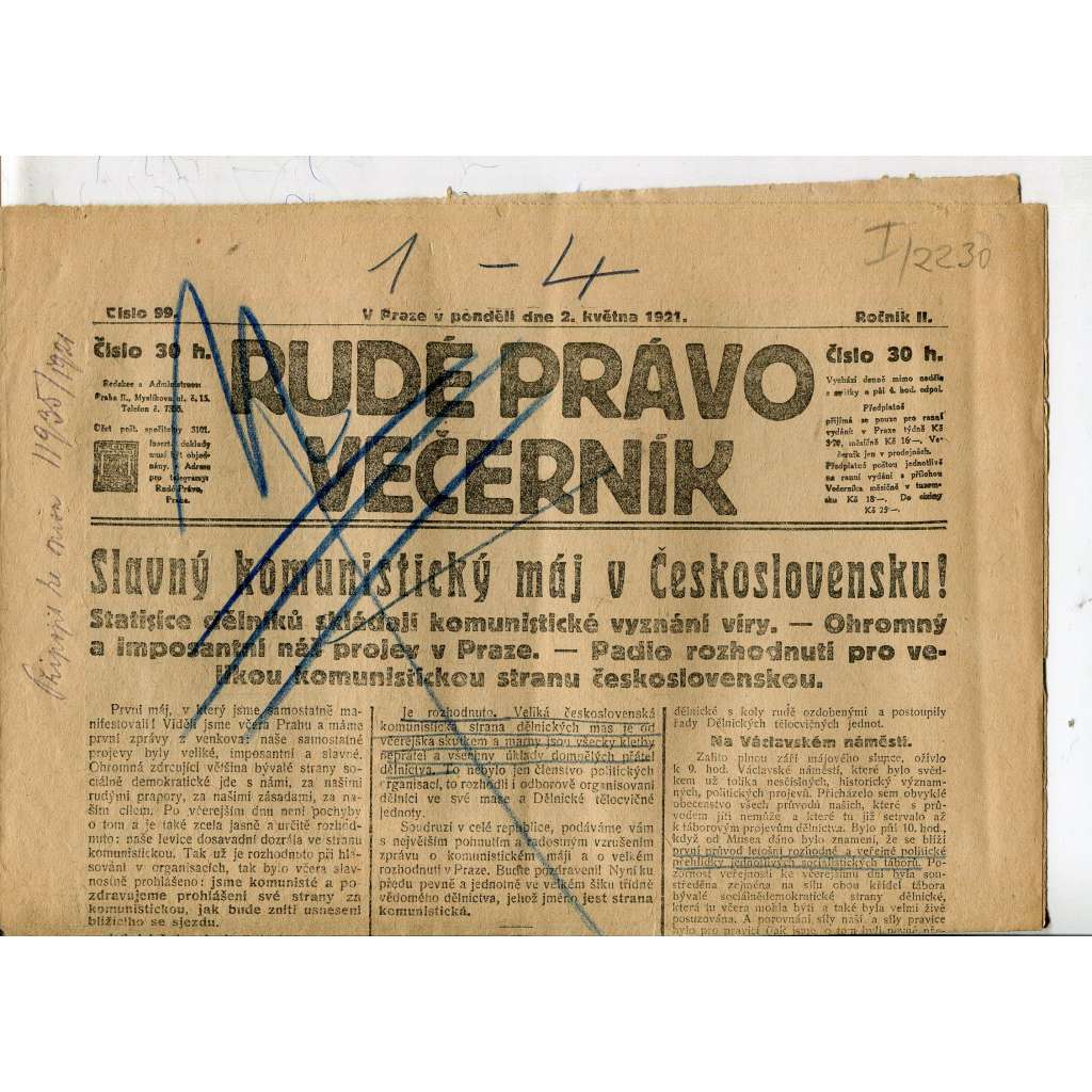 Rudé právo Večerník, ročník II., číslo 99/1921 - staré noviny - [komunisté, komunismus]