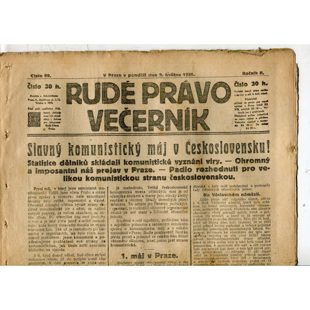 Rudé právo Večerník, ročník II., číslo 99/1921 - staré noviny - [komunisté, komunismus]