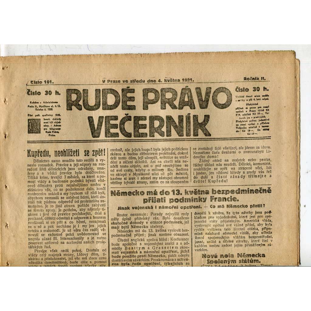 Rudé právo Večerník, ročník II., číslo 101/1921 - staré noviny - [komunisté, komunismus]