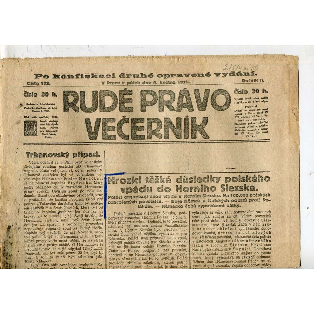 Rudé právo Večerník, ročník II., číslo 102/1921 - staré noviny - [komunisté, komunismus]