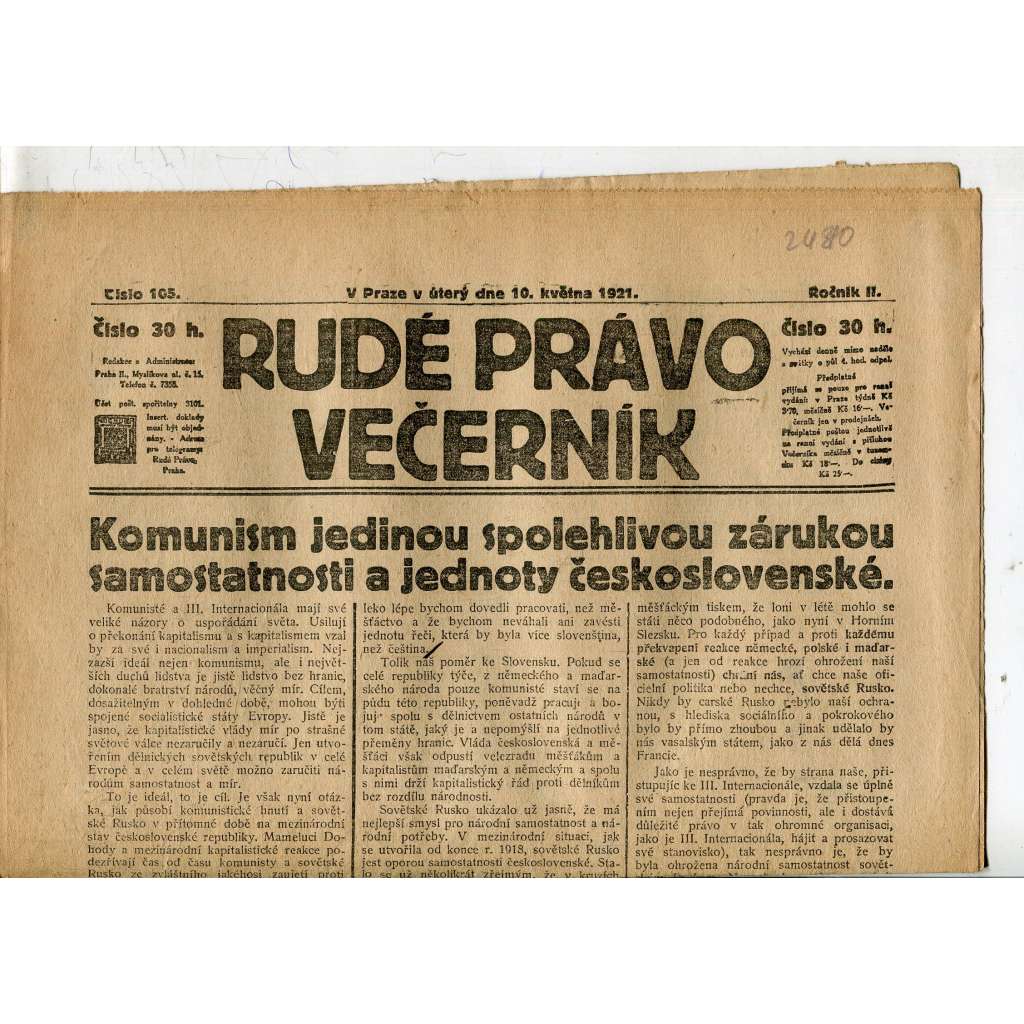 Rudé právo Večerník, ročník II., číslo 105/1921 - staré noviny - [komunisté, komunismus]