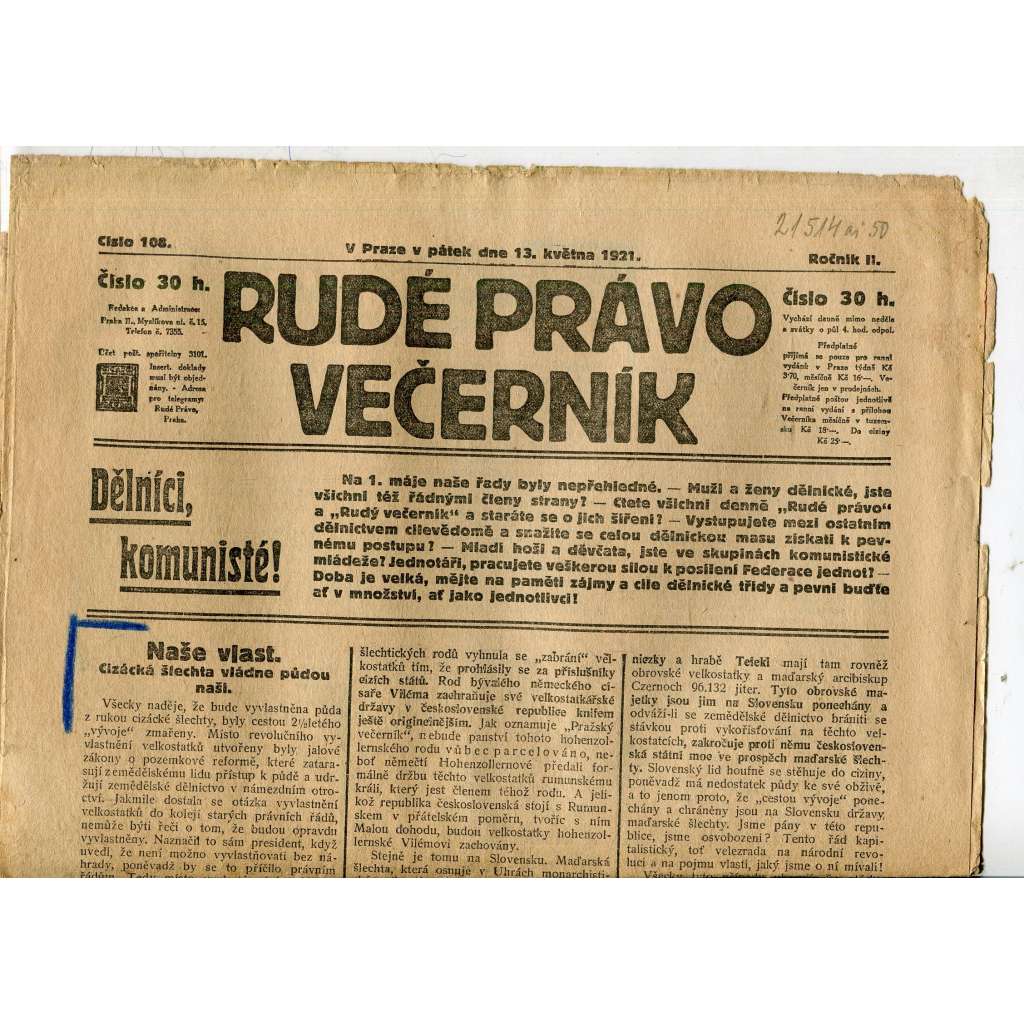 Rudé právo Večerník, ročník II., číslo 108/1921 - staré noviny - [komunisté, komunismus]