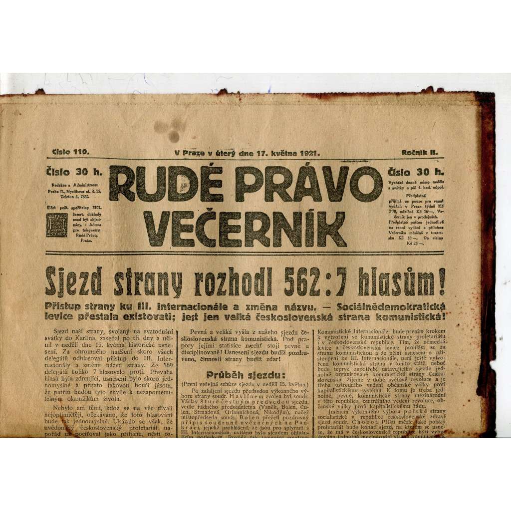 Rudé právo Večerník, ročník II., číslo 110/1921 - staré noviny - [komunisté, komunismus]