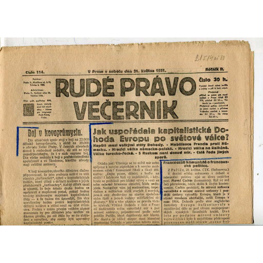 Rudé právo Večerník, ročník II., číslo 114/1921 - staré noviny - [komunisté, komunismus]