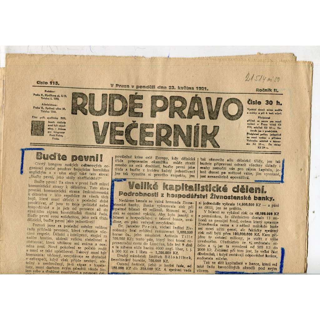 Rudé právo Večerník, ročník II., číslo 115/1921 - staré noviny - [komunisté, komunismus]