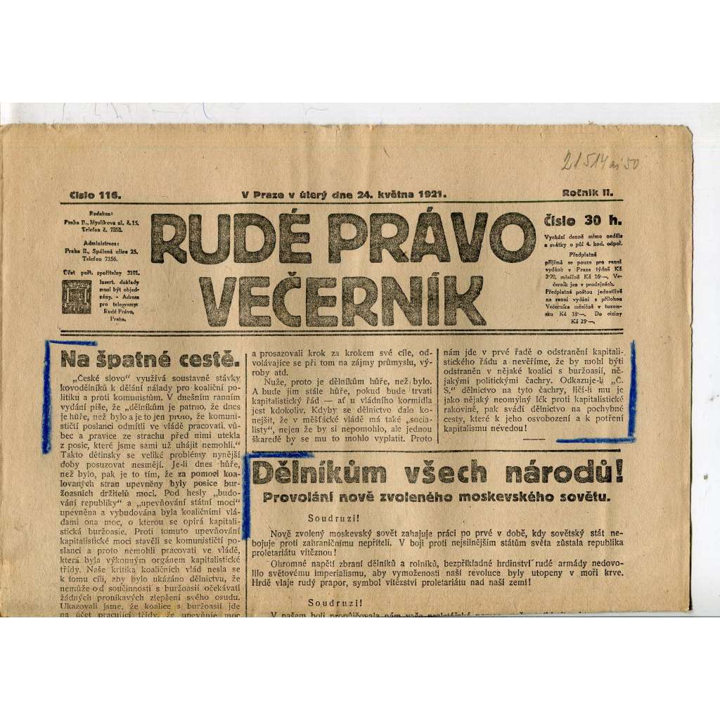 Rudé právo Večerník, ročník II., číslo 116/1921 - staré noviny - [komunisté, komunismus]