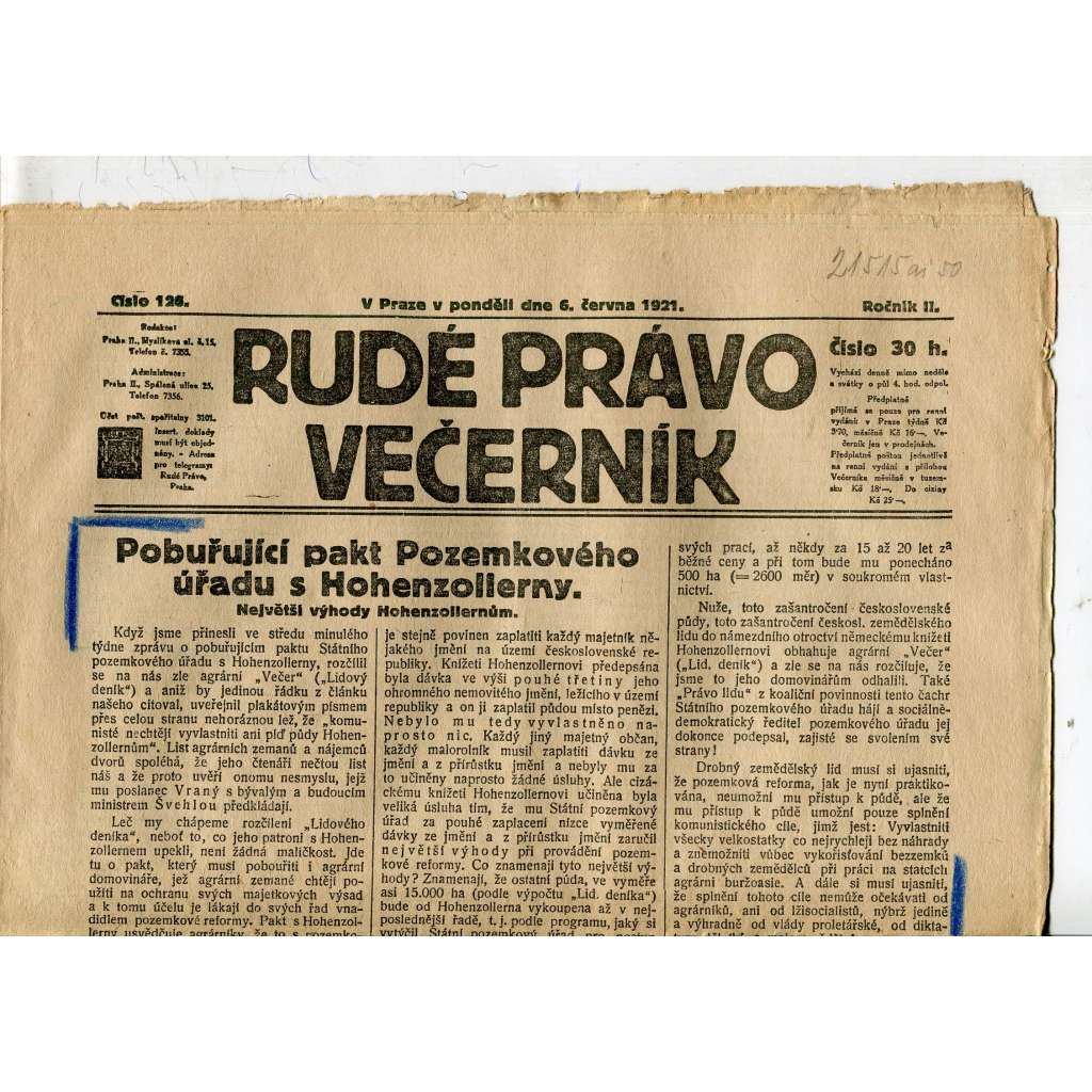 Rudé právo Večerník, ročník II., číslo 126/1921 - staré noviny - [komunisté, komunismus]