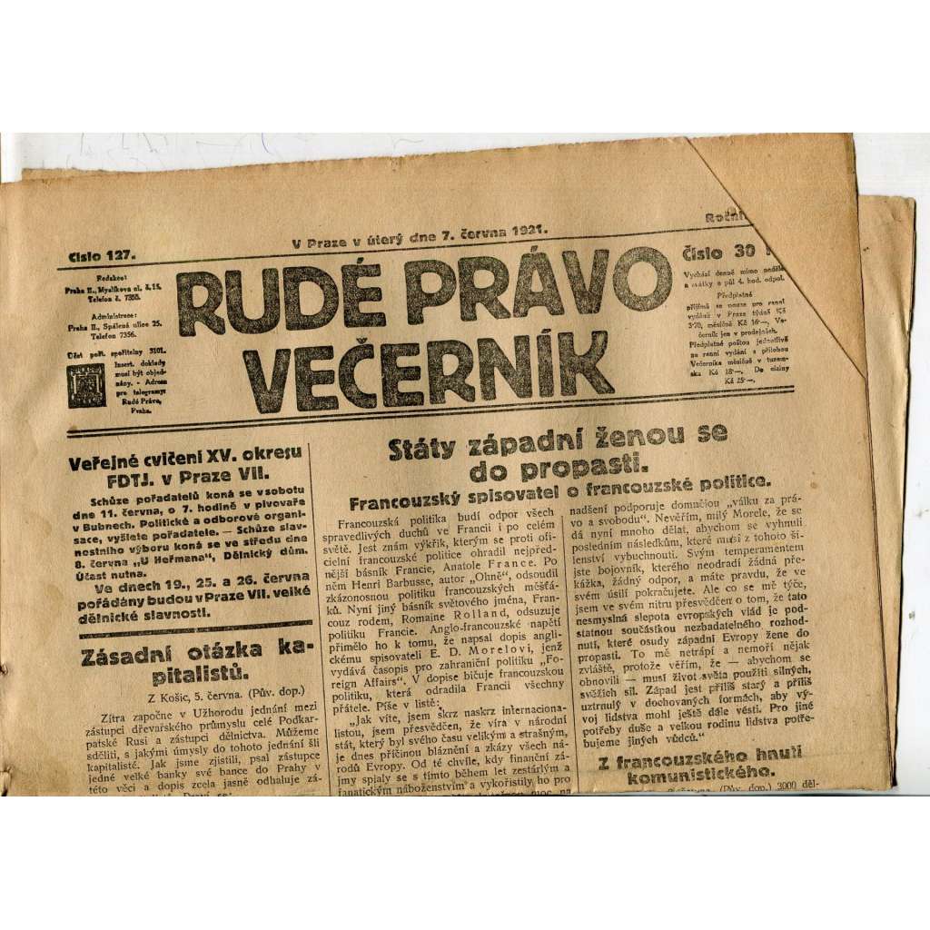 Rudé právo Večerník, ročník II., číslo 127/1921 - staré noviny - [komunisté, komunismus]