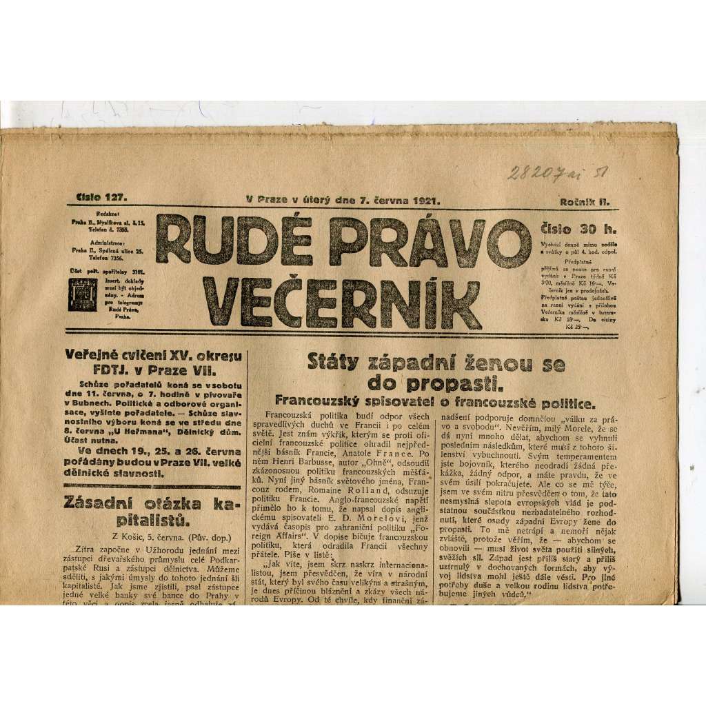 Rudé právo Večerník, ročník II., číslo 127/1921 - staré noviny - [komunisté, komunismus]